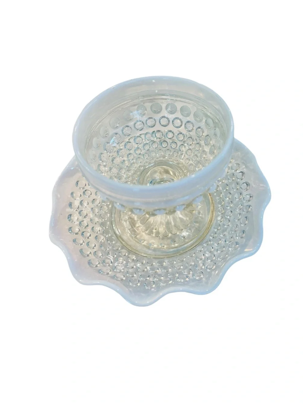 Vintage Moonstone Opalescent Hobnail Sherbet Coupe & Dessert Plates Set of 6